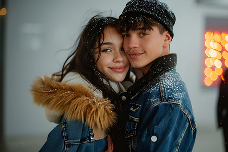 冬日拥抱的年轻情侣背景图片