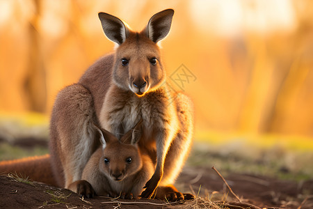 荒野中的袋鼠妈妈与幼崽背景图片