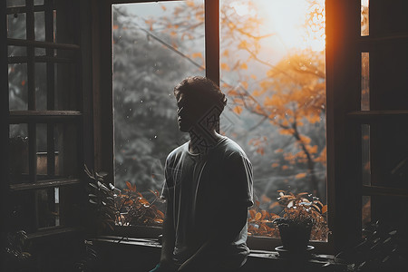 像男人一样思考雨天窗前站立的男人背景