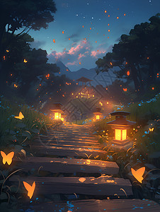 夜色山径灯笼与萤火虫相伴背景图片