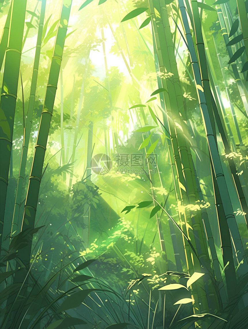 绿意盎然的夏季竹林景观插图图片