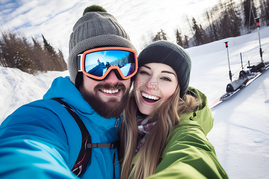 山谷中滑雪的年轻情侣图片