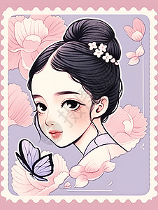 精致美丽的邮票少女插图背景图片