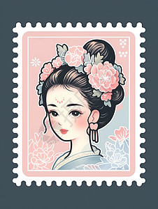 卡通风格的邮票少女插图背景图片