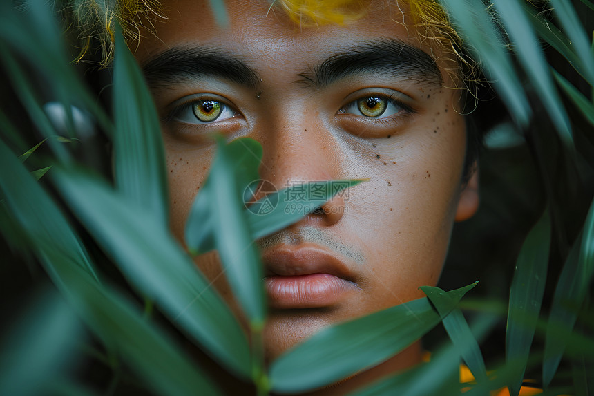 植物间的年轻男人图片