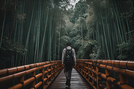 竹林中行走的人背景图片