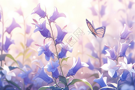 阳光与花素材飞舞的蝴蝶与风铃花插画