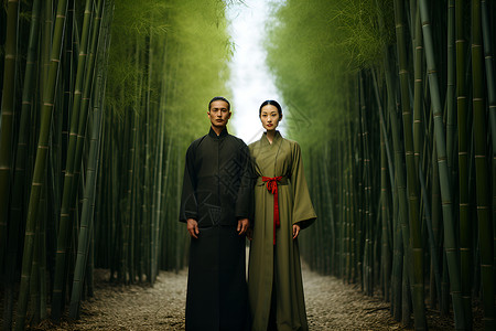 绿竹丛中的男女背景图片