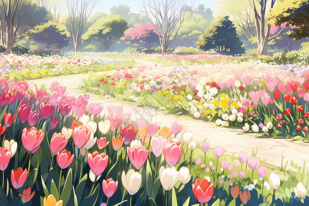 郁金香花园鲜花油画素材高清图片