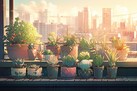 阳台上一排多肉植物背景图片