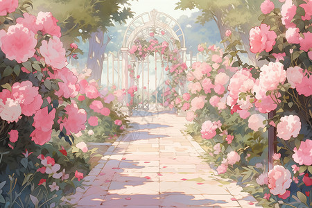 牡丹花园美丽的牡丹花花园插画
