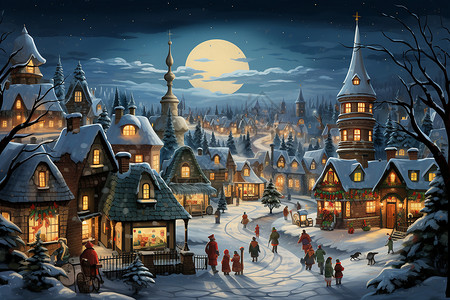 快乐的圣诞村庄背景图片