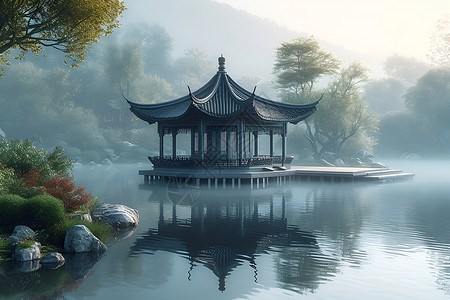 中式房屋湖中的建筑亭子插画