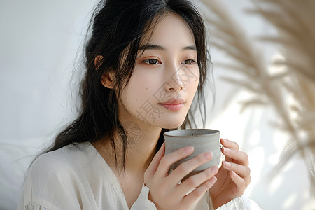 喝茶的年轻女性背景图片