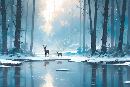森林湖畔边的小鹿高清图片