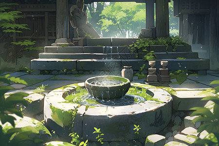 庭院中宁静的石盆绘画背景图片
