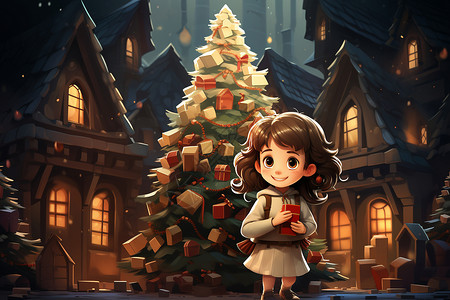 圣诞树前的小女孩背景图片