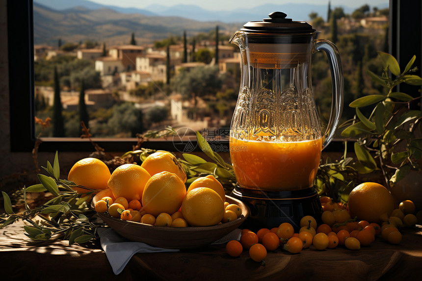 桌面上的橙子和榨汁机图片