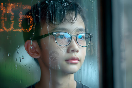 男孩在带水雾的玻璃旁背景图片