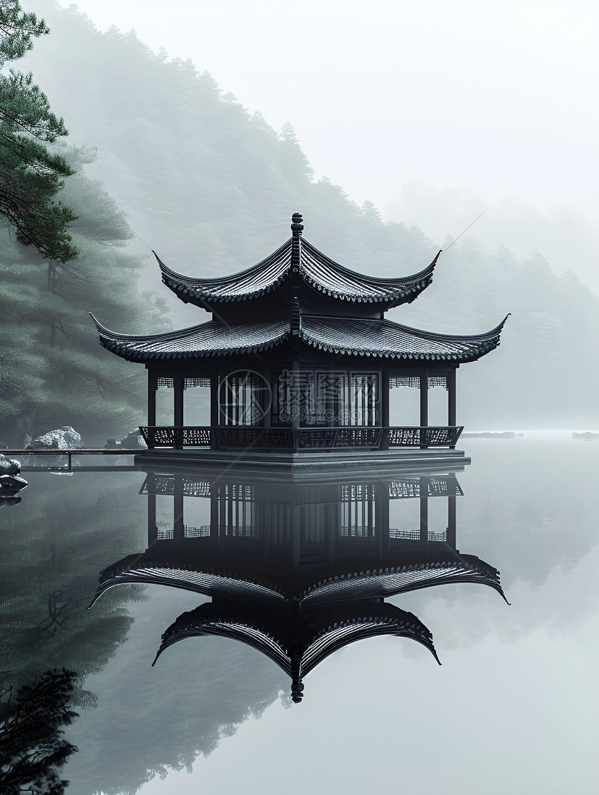 湖畔的中国亭台图片