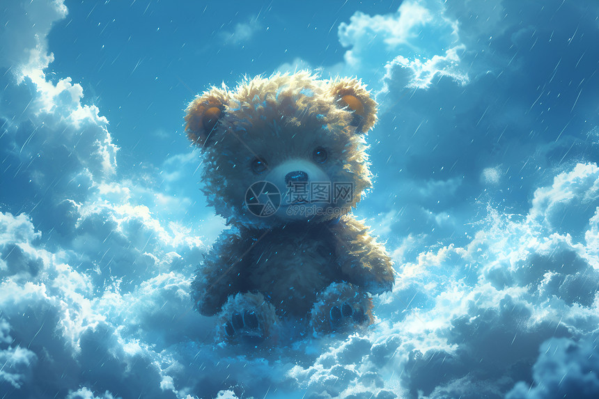 蓝色云朵中的绒毛熊图片