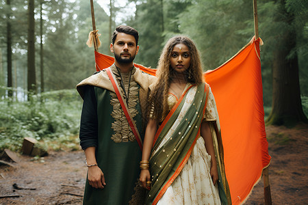 森林中一男一女身穿传统服饰背景图片