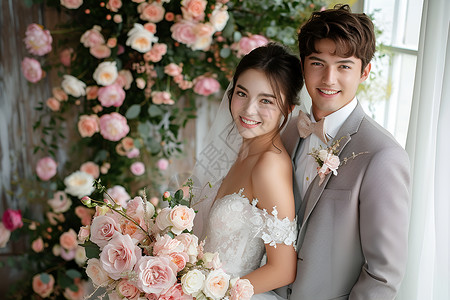 粉红玫瑰中的新郎新娘背景图片