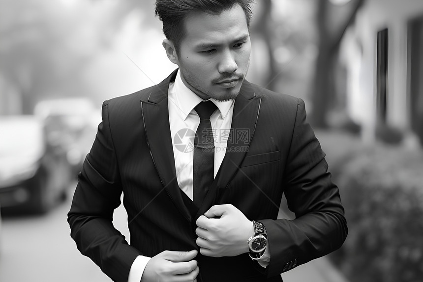 男人站在街头穿着黑色西装图片