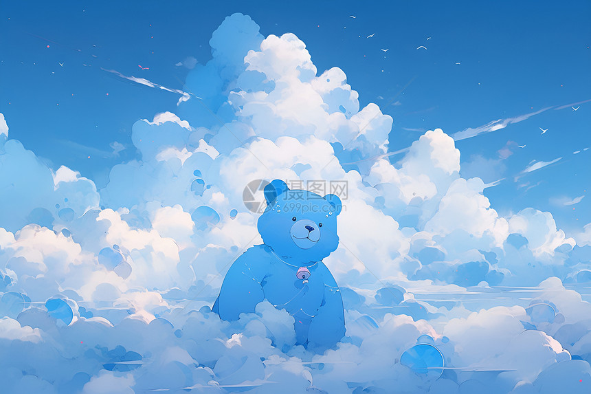 云朵中的蓝色熊玩偶图片
