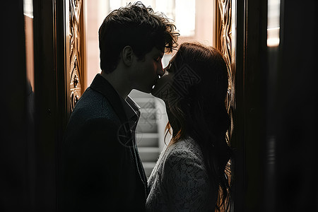 恋人在门口亲吻背景图片