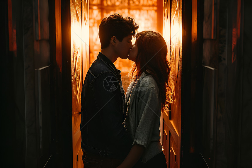 门口亲吻的美丽情侣图片
