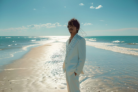 穿着白色西服的男子站在海滩上高清图片