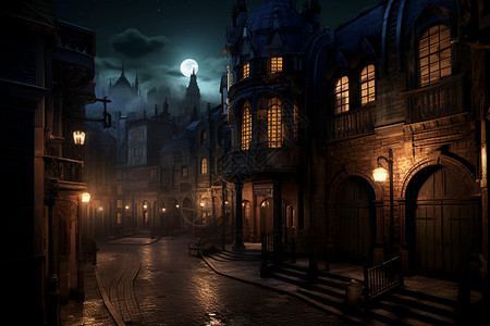 昏暗的欧洲街道夜景背景图片