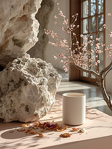 一副岩石与花卉的静物画背景