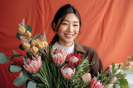 女性手持粉色花束背景图片