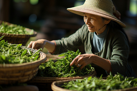 女性采摘茶叶背景图片