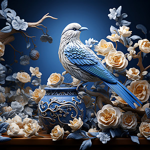 青花瓷风格的鸟语花香插图背景图片