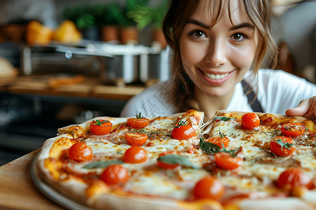女子烘焙的芝士披萨背景图片