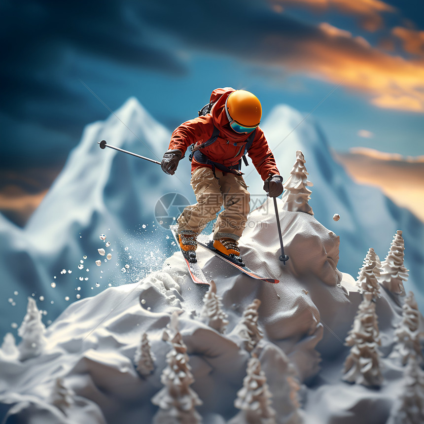 雪山中的滑雪者微缩模型图片