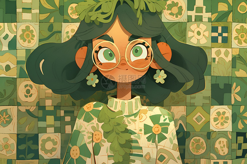 清新绿意的绿衣少女插图图片