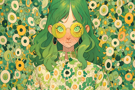 二次元风格的绿衣少女插图背景图片