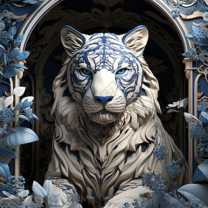 青花瓷风格的老虎插图背景图片