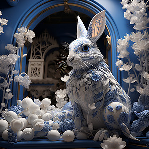 3D剪纸风的立体兔子背景图片