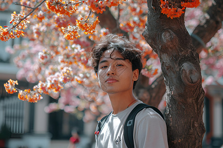 春季樱花树下的年轻男子背景图片