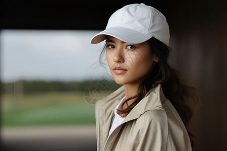 白色帽子优雅的女士与高尔夫球场背景