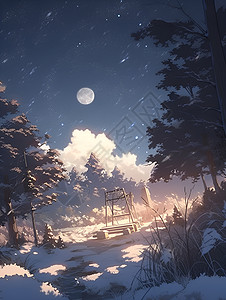 林间夜景冬夜满月映照下的林间插画