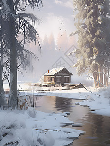 冬日清晨孤寂的冬日小屋插画