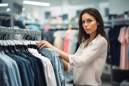 女子在商店里挑选衣服背景图片