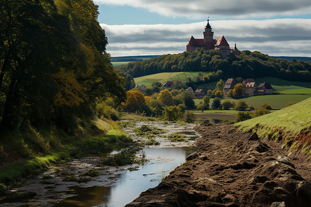 山间的自然小溪和城堡背景图片