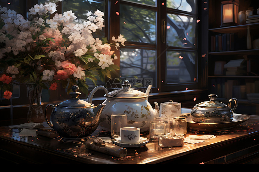 木桌上的茶壶和茶杯图片